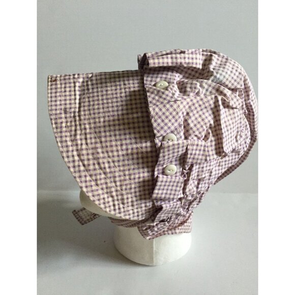 Vtg 1960's Cotton Prairie Bonnet Button Scallop Edges Purple And White Gingham - Picture 2 of 9